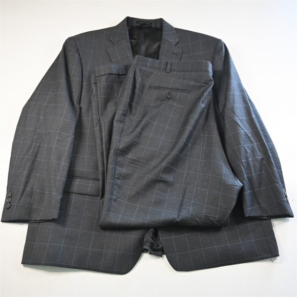 Lauren Ralph Lauren 52R 44x32 Gray Windowpane 100% Wool Mens Jacket Pants Suit
